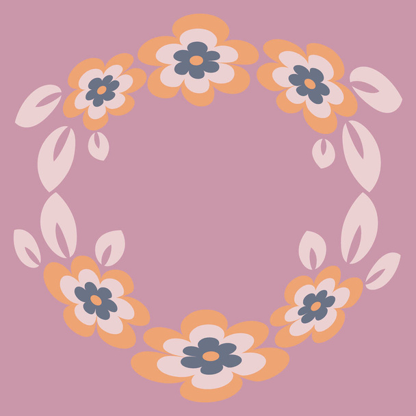 イラスト-正方形の背景に丸いフレームや花輪-様式化された花や葉-グラフィック。バレンタインデー、贈り物、お祝い、愛、夏、サークル、花輪、植物の輪。デザイン要素-ノートブック、モバイルのカバーの装飾 - ベクター画像