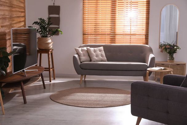 Stylish living room interior with TV on table and houseplants  - Φωτογραφία, εικόνα