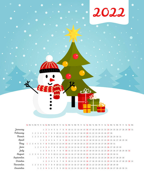 Calendario 2022 anno. Pupazzo di neve vicino all'albero di Natale con regali. Buon Natale e felice anno nuovo. Modello vettoriale a colori. La settimana inizia la domenica - Vettoriali, immagini