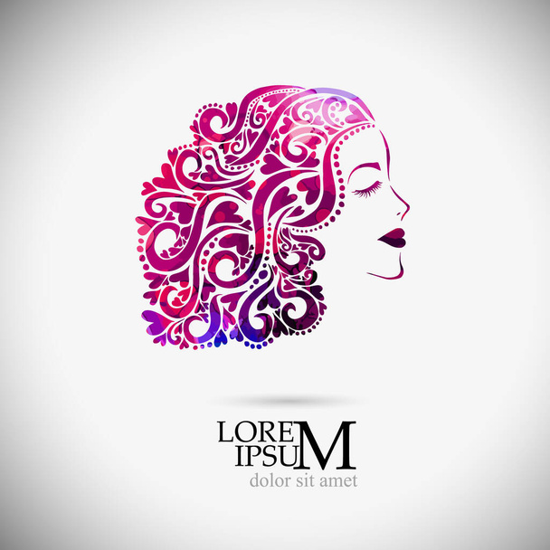 The stylized purple face of a beautiful girl full-face. T-shirt printing. Vector illustration - Vektor, Bild