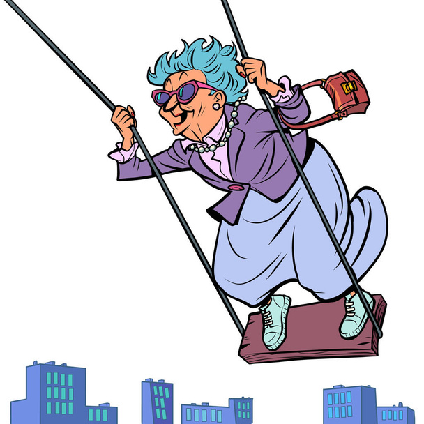 a old woman on a swing, laughing and having fun, flying over the city - Вектор,изображение