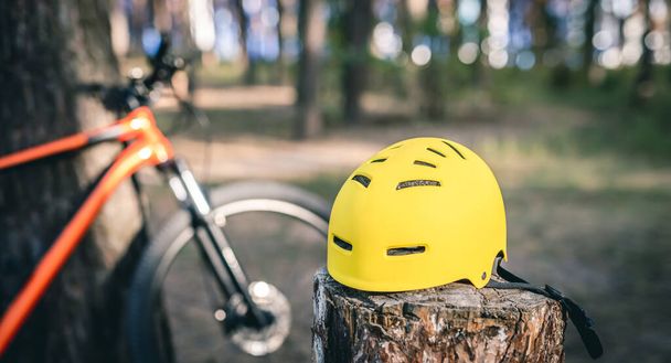 Bicycle helmet on stump in forest - Fotoğraf, Görsel