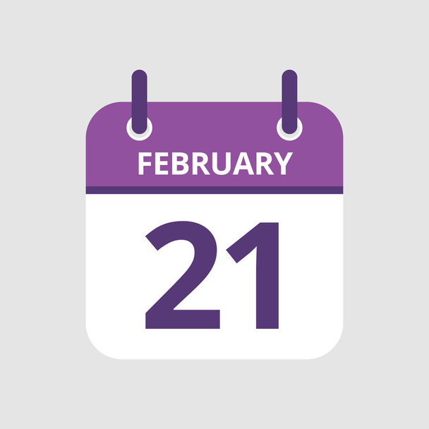 Icono plano calendario 21 de febrero aislado sobre fondo gris. Ilustración vectorial. - Vector, Imagen