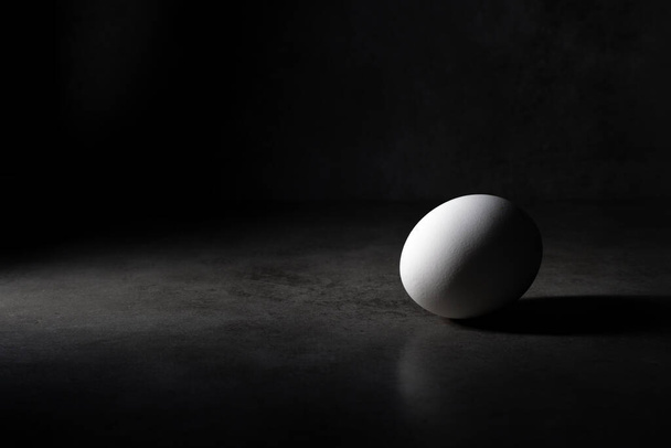 Szene im Darkfood-Stil mit einem weißen Hühnerei isoliert, Platz vorhanden. - Foto, Bild