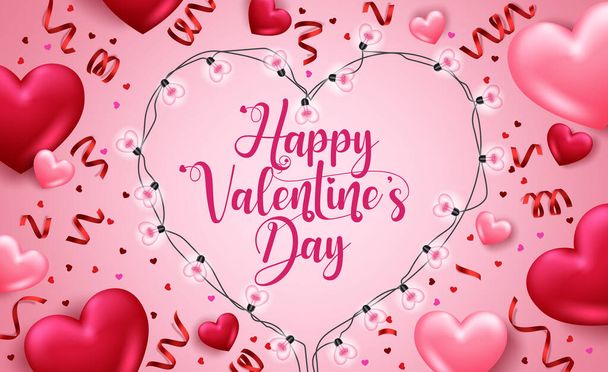 Sevgililer Günü vektör arkaplan tasarımı. Sevgililer Günü mesajınız kutlu olsun. 3D kalpler, kalp şeklinde ışık ve sevgililer günü kartı tasarımı için konfeti dekorasyonu. Vektör illüstrasyonu   - Vektör, Görsel