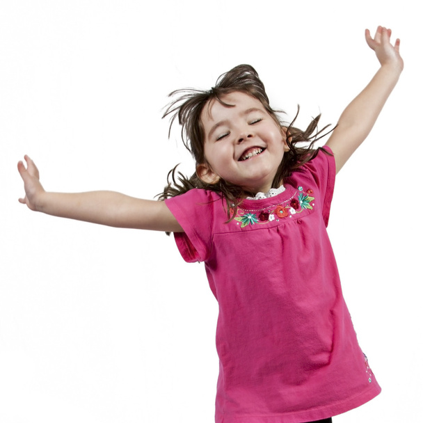 Happy little girl jumping in air - 写真・画像