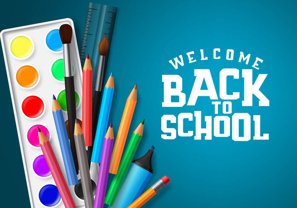 Welcome back to school vector banner design. Welcome back to school text in blue space background with education elements and school items like water color, color pen, brush and ruler. Vector illustration banner. - Vektör, Görsel