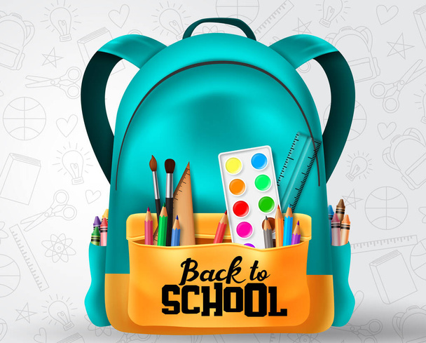 Back to school vector concept design. Back to school text in school bag element and education items like color pencil, crayons, water color and ruler in patterned background. Vector illustration. - Vettoriali, immagini