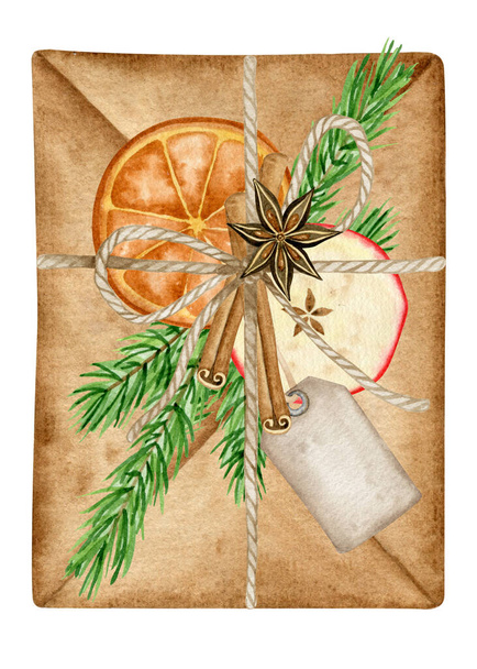 Gift letter decorated dried orange, apple slice, pine tree branch. Watercolor Christmas illustration. - Foto, imagen