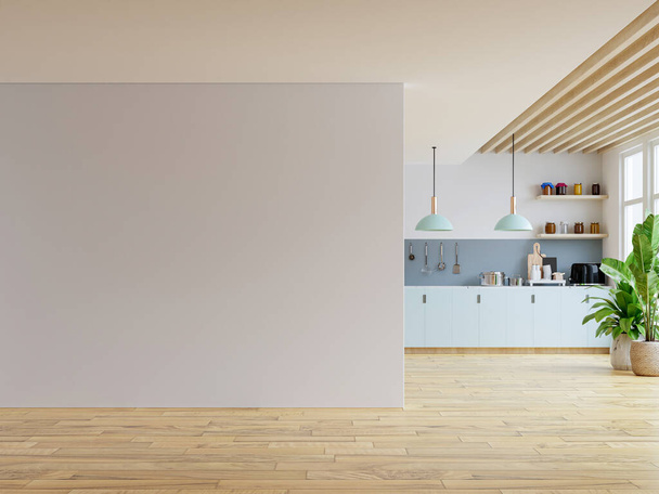 Mockup parete bianca in casa in stile cucina con accessori in camera.3d rendering - Foto, immagini