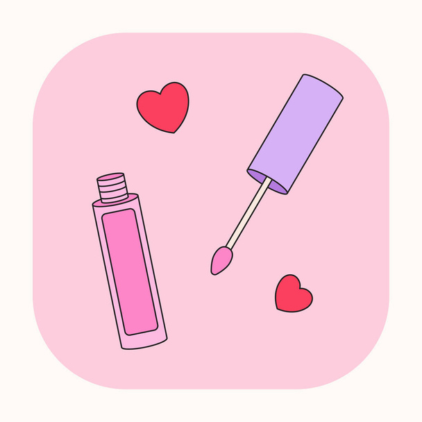 Lip Gloss χαριτωμένο κινούμενο σχέδιο. Ροζ σκίτσο με κραγιόν. Δοχείο διάνυσμα ή σωλήνας. Κορεάτικο σήμα καλλυντικών καλλυντικών προϊόντων. - Διάνυσμα, εικόνα