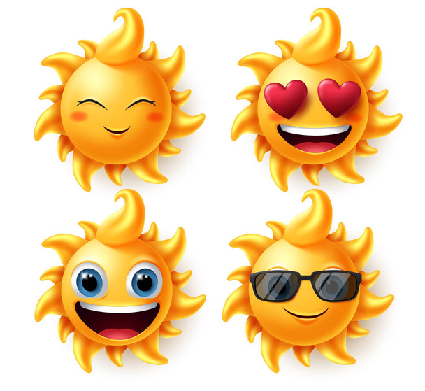 Güneş yaz karakterleri vektörü ayarlandı. Aşkta olduğu gibi farklı yüz ifadelerinde güneş karakteri, mutlu, heyecanlı ve beyaz arka planda emojiler ve duygu simgeleri koleksiyonu için gülümsüyor. Vektör illüstrasyonu.  - Vektör, Görsel