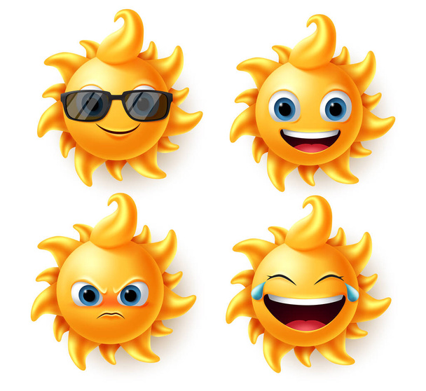 Jeu de vecteurs de caractères solaires. Soleil personnages mignons d'été dans différentes expressions comme en colère, riant et souriant dans un design réaliste 3D isolé en arrière-plan blanc. Illustrateur vectoriel.  - Vecteur, image