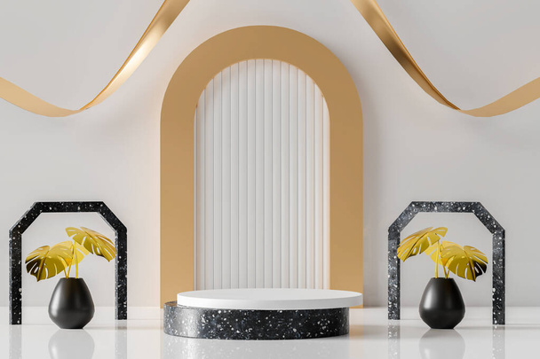 3d renderização pódio cilindro vazio com monstera de ouro folhas em vaso preto sobre fundo branco. Cena abstrata para exibição do produto. - Foto, Imagem