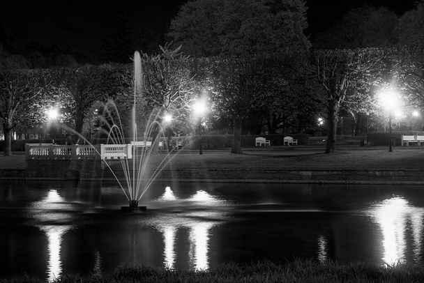 Una fuente rocía el agua del lago Swan en el parque Kadriorg en Tallin, Estonia en una noche tranquila. - Foto, Imagen
