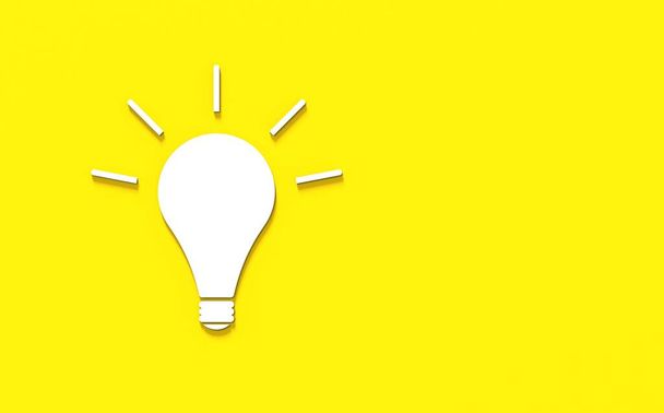 黄色の背景に影を持つ白い輝く電球。アイデアのシンボルのイラスト。水平画像。3D画像。3Dレンダリング. - 写真・画像