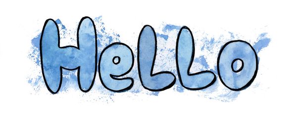 Black line art drawing of a Hello on white background and blue watercolor splash - Photo, Image