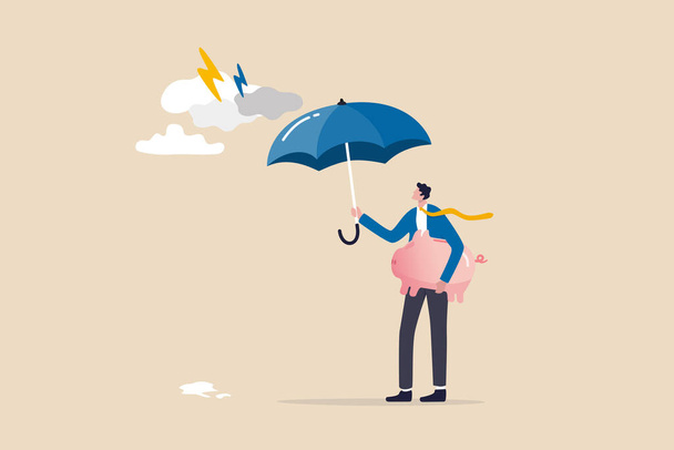Wealth protection, insurance or financial security to survive in market downturn, protect retirement pension fund or safety guard concept, businessman holding strong umbrella to protect piggybank. - Vettoriali, immagini