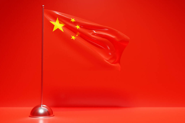 3D illustration of the national flag of China on a metal flagpole fluttering .Country symbol. - Photo, Image