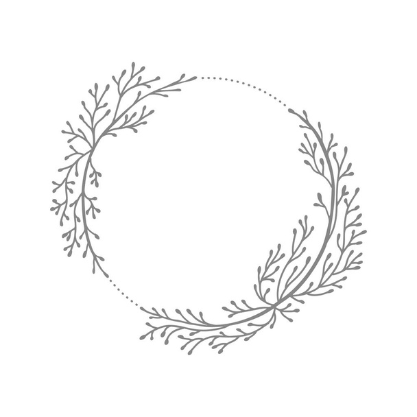 Dibujado a mano vector marco redondo boda. Corona floral con hojas, ramas Elementos decorativos para el diseño. Tinta, vintage y estilos rústicos - Vector, imagen