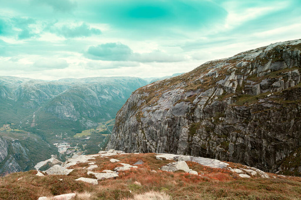 Widok z góry fiordu norweskiego - Zdjęcie, obraz