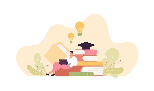 教育の概念。大学やビジネスコース卒業。ベクトルフラット人のイラスト。男学生の本の山に座っている。卒業帽子と電球のアイデアのシンボルを背景に。eラーニングのためのデザイン - ベクター画像