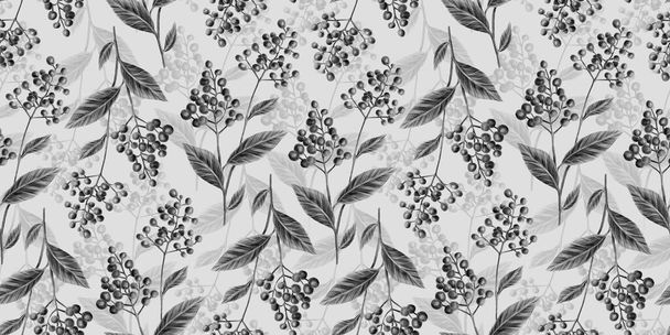 Botanical seamless pattern with vintage graphic bird cherry and leaves. Hand-drawn illustration. White and black design. Good for production luxury wallpapers, cloth and fabric printing. - 写真・画像