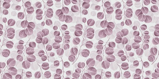 Botanical seamless pattern with vintage graphic silver dollar eucalyptus leaves. Hand-drawn illustration and texture. Light background. Good for production luxury wallpapers, cloth, fabric printing, goods. - 写真・画像