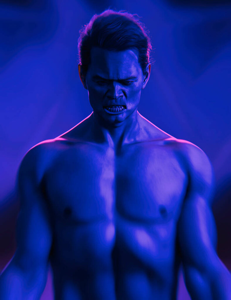 青とピンクの色の光の中で激怒筋肉質アジア人男性。3Dレンダリング. - 写真・画像