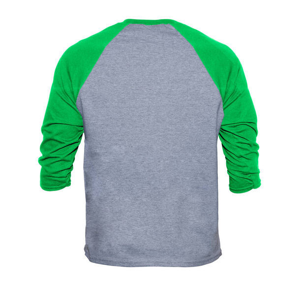 Prázdný rukáv Raglan tričko maketa se šablony barva šedá / zelená pohled zpět na bílém pozadí - Fotografie, Obrázek