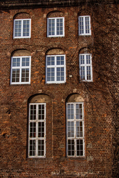 Pozadí městské architektury. Část fasády historické budovy s bílými okny. Cihlová zeď s okny. Gdaňsk, Polsko - Fotografie, Obrázek