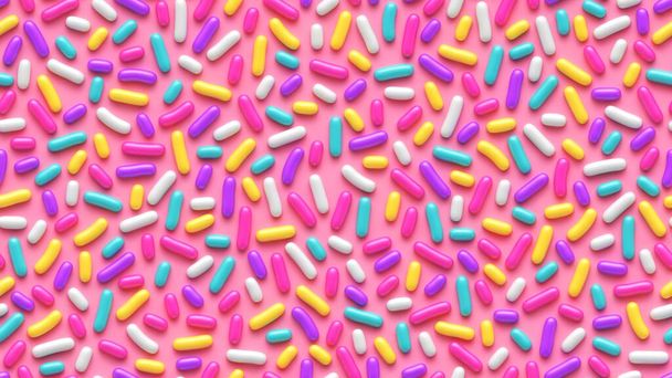 Seamless pattern with many decorative colorful sprinkles on pink background. 3d rendering - Fotoğraf, Görsel