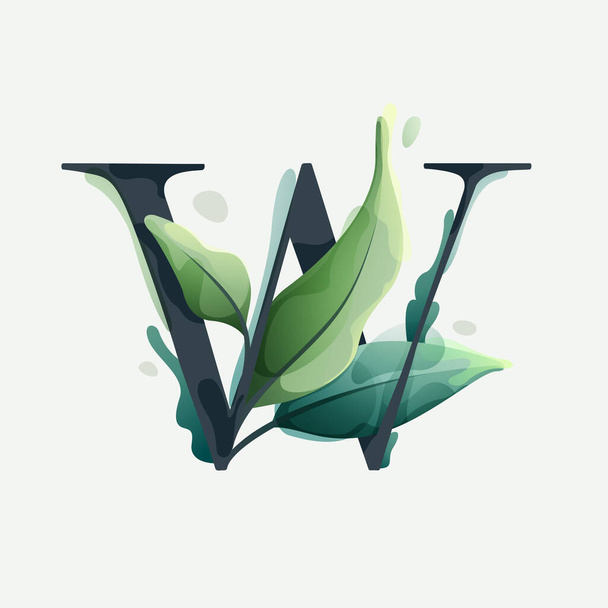 W letter logo with green leaves in clear vector watercolor style. Serif sans font for luxury emblem, botanical identity, ecology projects, wedding invitations. - Vector, afbeelding