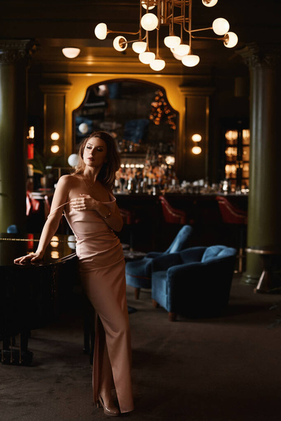 An elegant beautiful woman in a fashionable dress in the luxurious interior - Фото, зображення