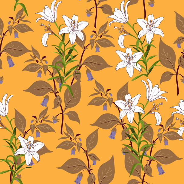 Floral seamless pattern blooming white flowers botanical motives scattered at random. Seamless vector. Elegant template for fashion prints. Print with hand drawn style on an orange background. - Vektör, Görsel