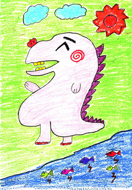 Dibujo a mano con tiza color de Happy Dinosaur sobre papel - Foto, Imagen