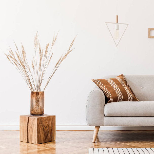 Stylish minimalistic composition of creative and cozy living room interior with grey sofa, plants, carpet and beautiful accessories. White walls and parquet floor. - 写真・画像