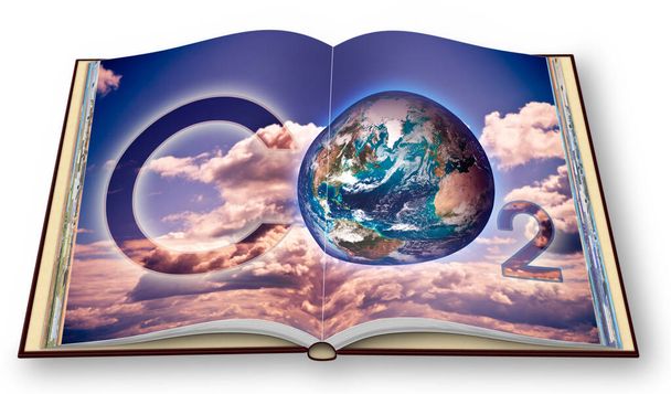 Παρουσία CO2 στην ατμόσφαιρα - 3D rendering opened photobook concept with a NASA planet Earth image against a cloudy sky - Φωτογραφία, εικόνα