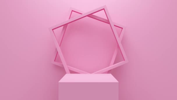 Τετράγωνο βάθρο σε ροζ φόντο τοίχου και κενό πλαίσιο. Αφηρημένη κίνηση βρόχου - Πλάνα, βίντεο