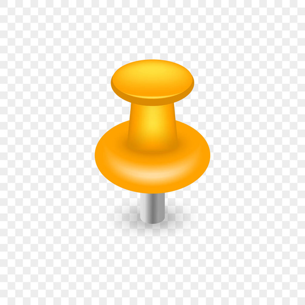 Желтая пластиковая кнопка. Одноместный Thumbtack с иглой на прозрачном фоне. Желтый пушпин за бумагу на доске объявлений. Канцелярские товары. Изолированная векторная иллюстрация - Вектор,изображение