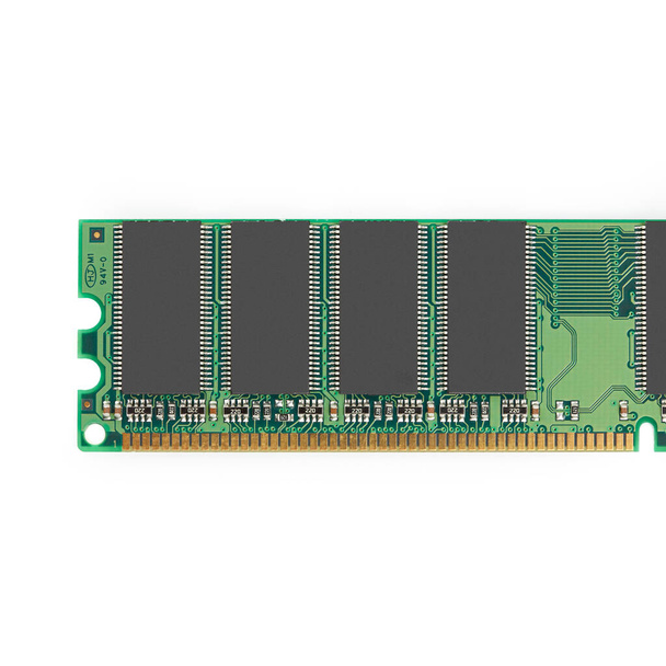 RAM memória. Chip közelről, mikroelektronika, RAM makró, számítógép áramkör fehér háttérrel. Operatív memória notebook vagy laptop számítógép, monoblokk, elszigetelt fehér alapon  - Fotó, kép