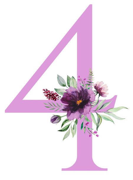 Watercolor number 4 decorated with floral bouquet isolated on white. Lavender number with purple, lavender and pink flowers, green leaves. Number four for wedding cards, holiday stationery, crafting - Photo, image