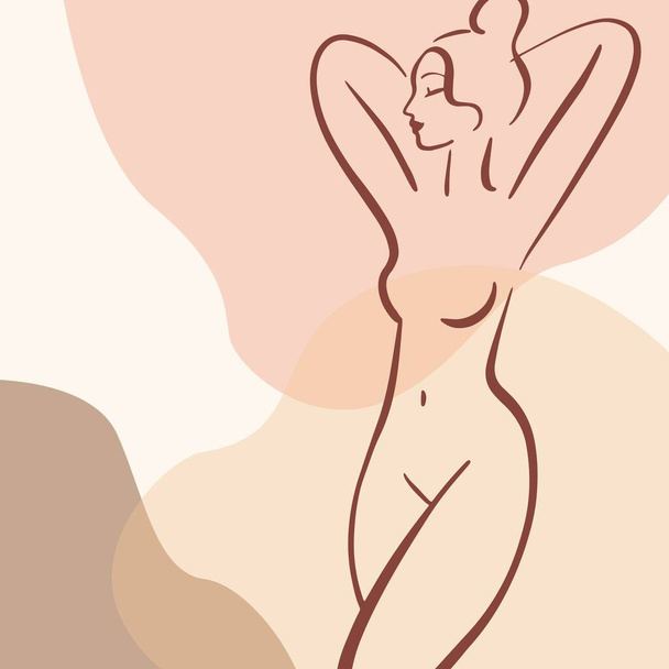 Ilustración de moda. Dibujo lineal de una mujer atractiva. Figura desnuda elegante, póster de arte - Vector, imagen