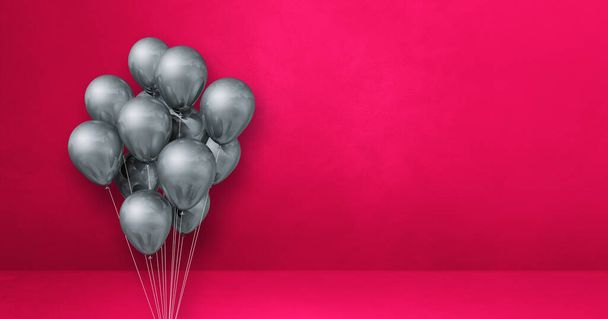 Silver balloons bunch on a pink wall background. Horizontal banner. 3D illustration render - Φωτογραφία, εικόνα