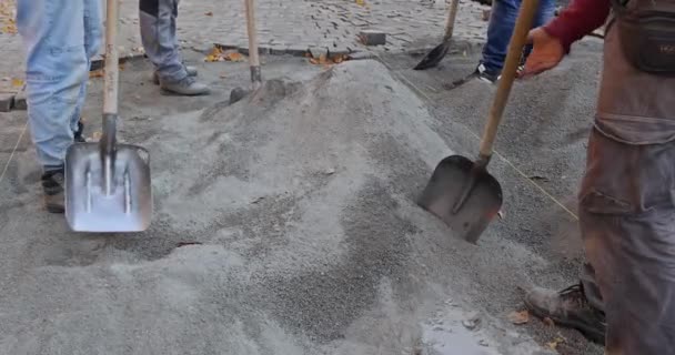 Le maître en gants pose des pavés en couches route en pierre par un travailleur de pavage professionnel - Séquence, vidéo