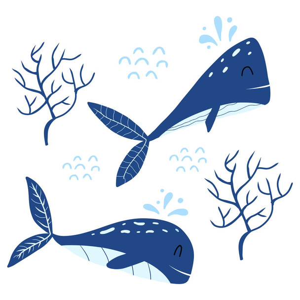 Childrens illustration of two blue whales. Hand drawn poster with cute whales and seaweed. - ベクター画像