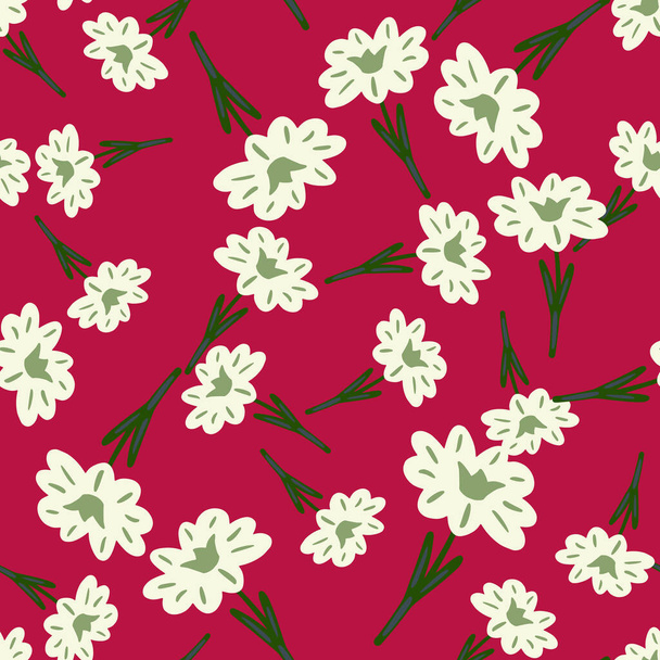Seamless pattern with hand drawing wild flowers on red background. Vector floral template in doodle style. Gentle summer botanical texture for fabric, wrapping paper, wallpaper. - Vecteur, image