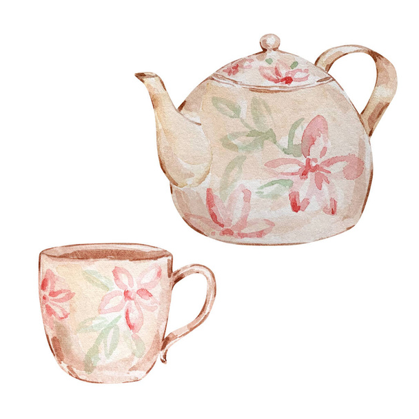 Watercolor Christmas illustration of beige teapot and teacup with flowers isolated on white background. - Foto, Imagen