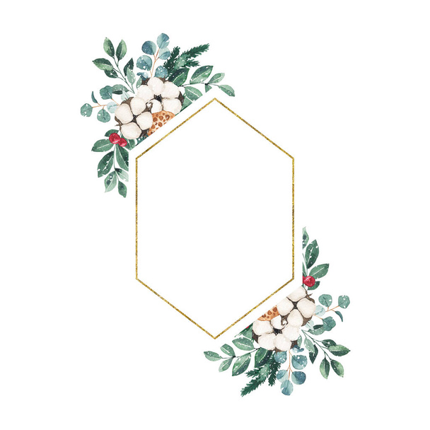 モミの枝、綿と水彩クリスマスゴールデンフレームは、白い背景に隔離された葉。結婚式招待カードのデザインのための植物冬の緑の休日のイラスト - 写真・画像