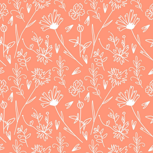 Vector seamless pattern with white flowers on Calming Coral background.Simple,floral,minimalist,festive doodle style poster.Designs for prints,stickers,printing,invitations,textiles,wrapping paper. - Vektor, kép